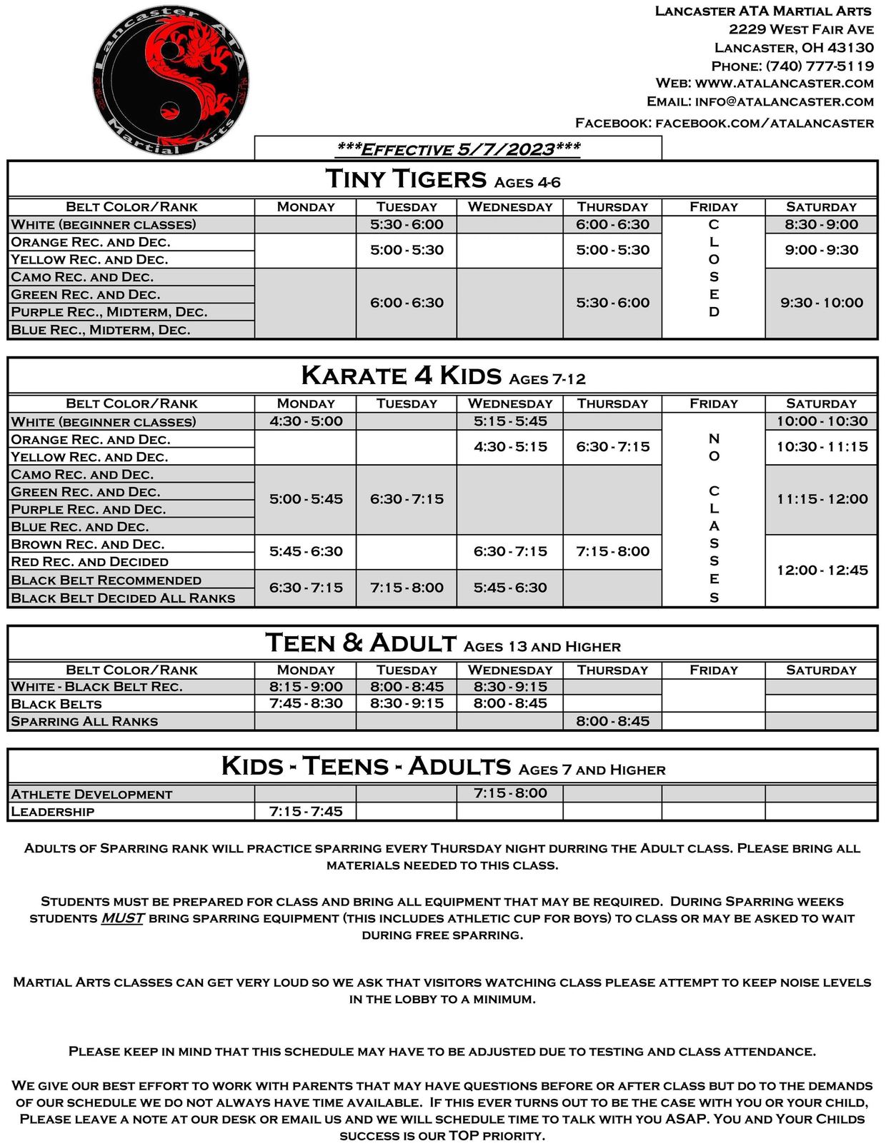Class Schedule Lancaster ATA Martial Arts